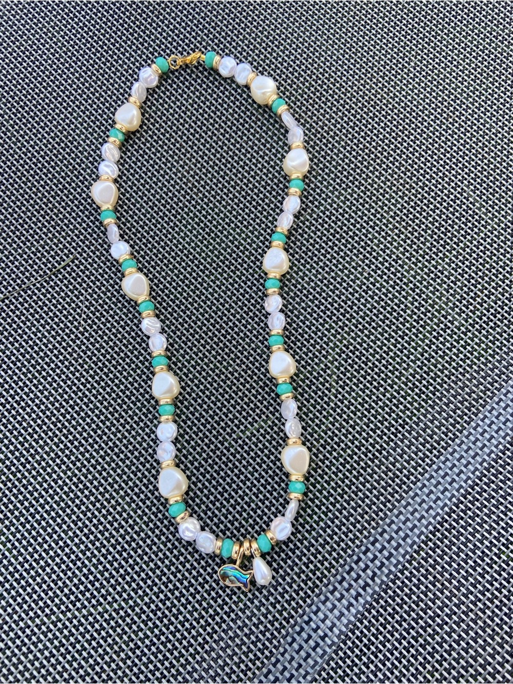 Handmade Gold, White & Turquoise Bead Necklace with Pearl Accents